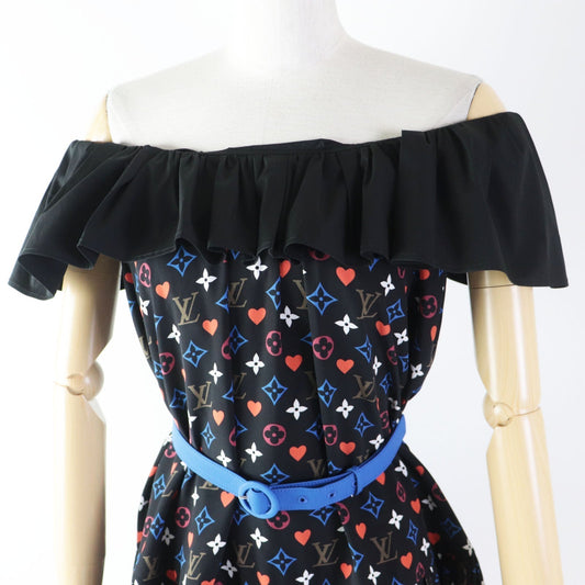 LOUIS VUITTON dress FKDR51 silk black multi Game On Ruffle Scoop Neck Babydoll Dress 36