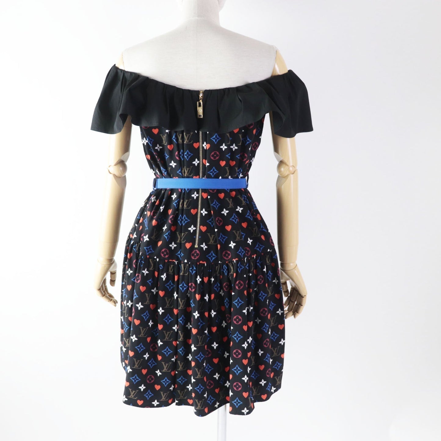 LOUIS VUITTON dress FKDR51 silk black multi Game On Ruffle Scoop Neck Babydoll Dress 36
