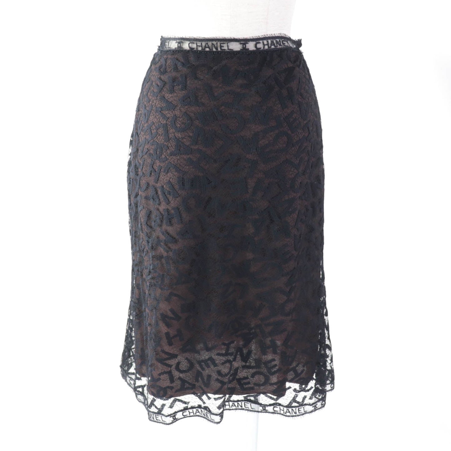 Chanel Vintage Logo Lace Knee Skirt Black 38