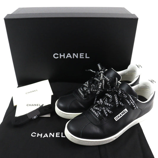Chanel Leather Low Cut Sneakers Black White 36