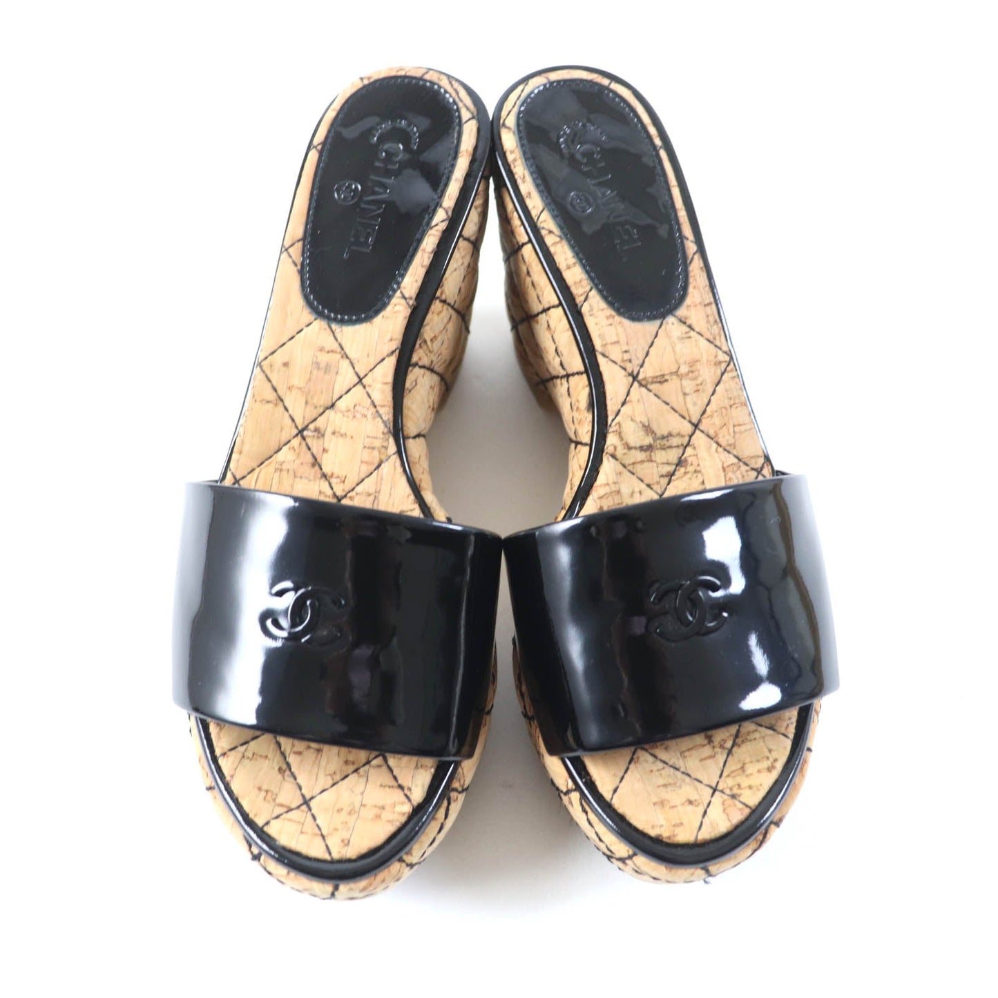 Chanel Patent Leather Wedges Sandals Black