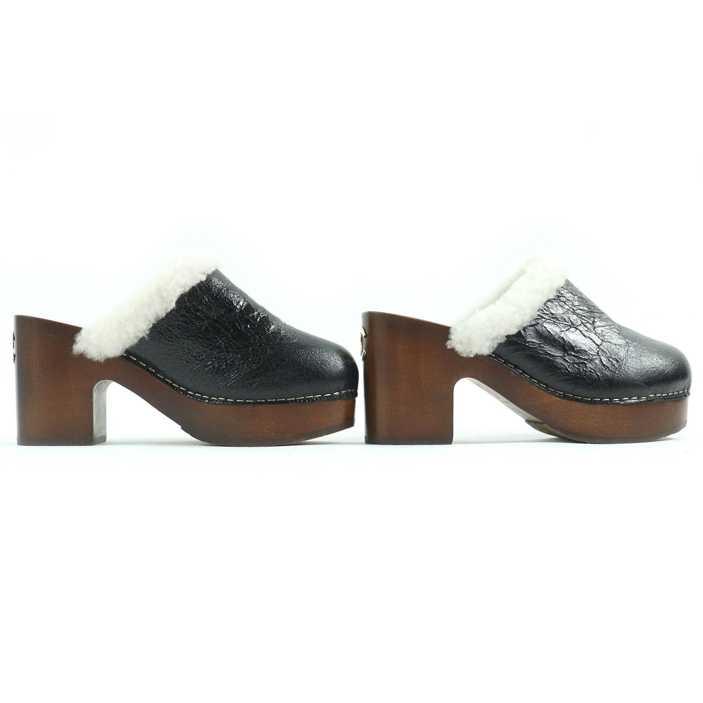 Chanel Sheepskin Wood Clogs Sandals G35368