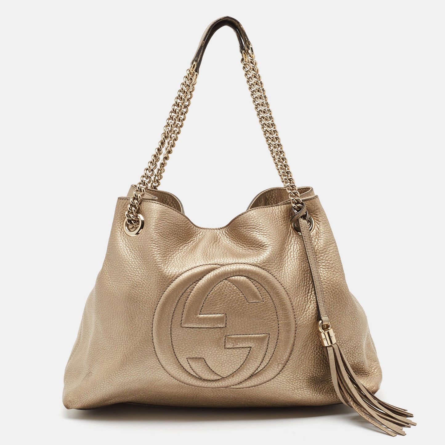 Luxury Gucci Trending 2025 Light Gold Leather Medium Soho Chain Tote