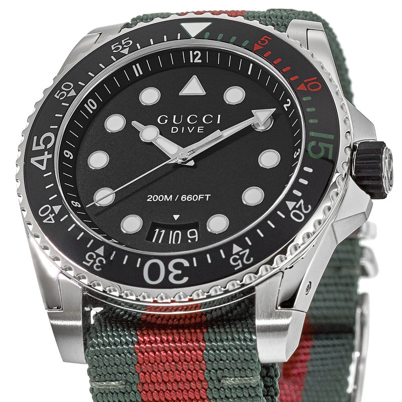 Gucci Dive Black Dial Green and Red Nylon Fabric Strap Men's Watch YA136209A