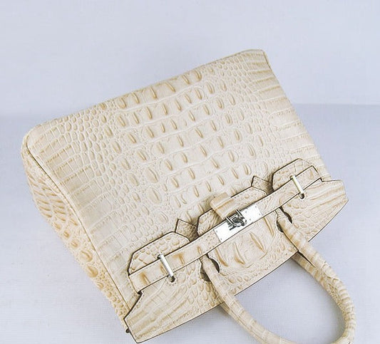 Luxury Hermes Birkin 30cm Crocodile Head Vein Handbags Beige Silver