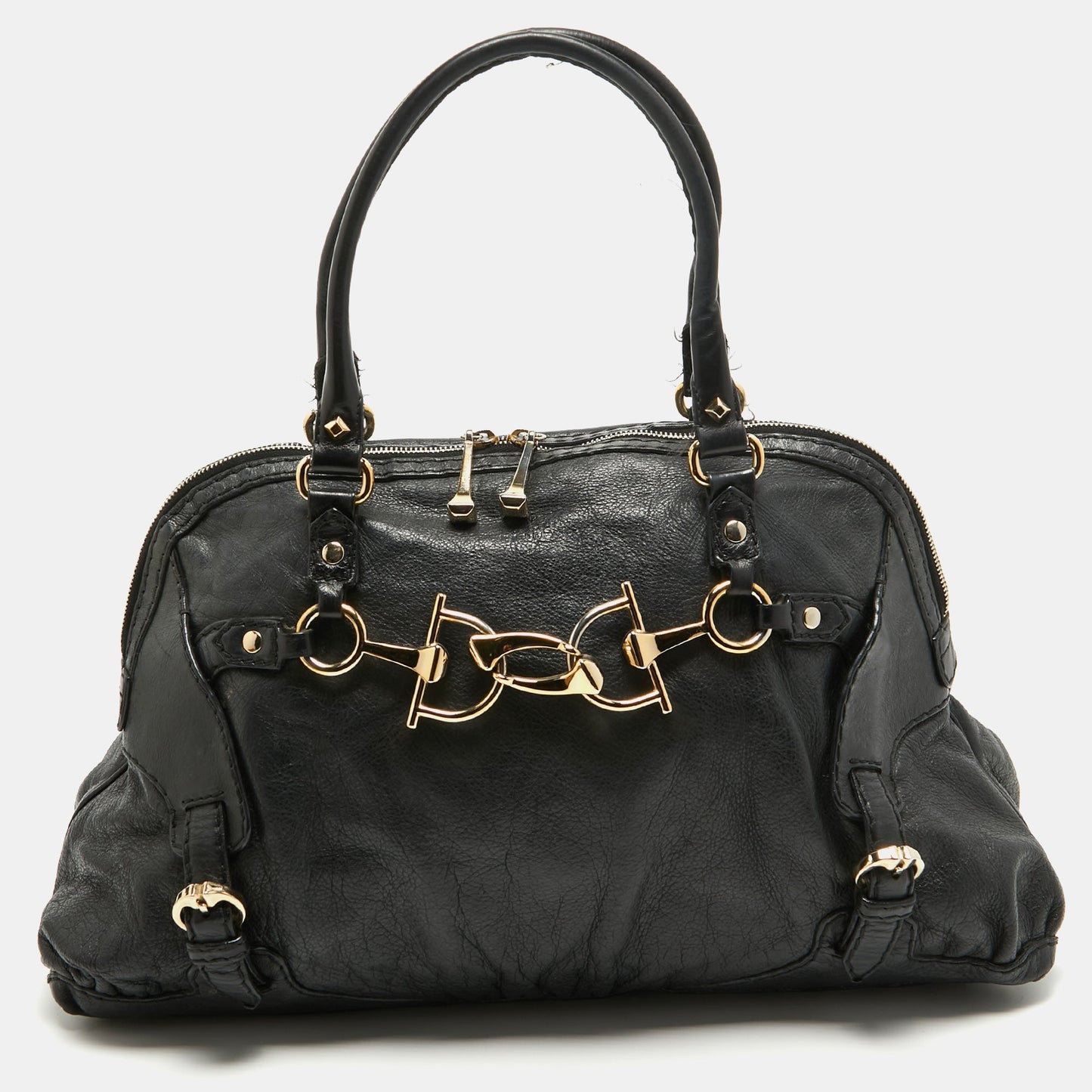 Luxury Gucci Trending 2025 Black Leather Horsebit Nail Shoulder Bag