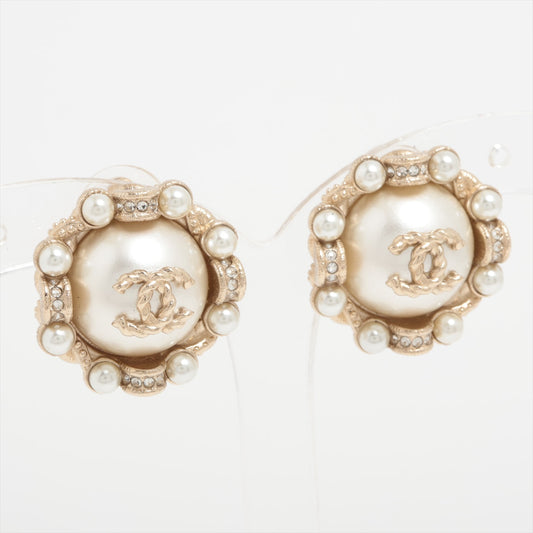 Chanel Coco B13C Earring GP Line Stone × Pearl Champagne G