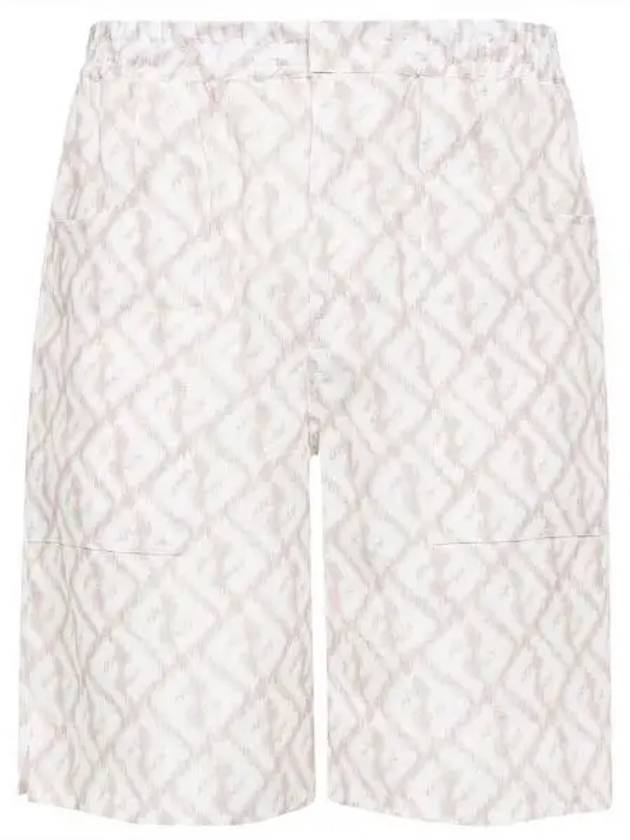 Luxury Fendi Logo Monogram Linen Bermuda Shorts Beige