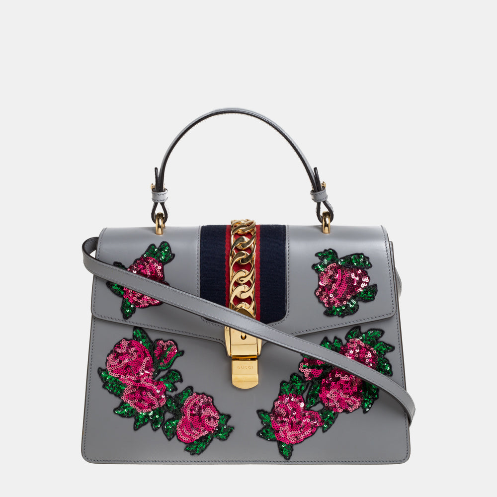 Luxury Gucci Trending 2025 Grey Floral Sequins Patch Leather Medium Sylvie Top Handle Bag