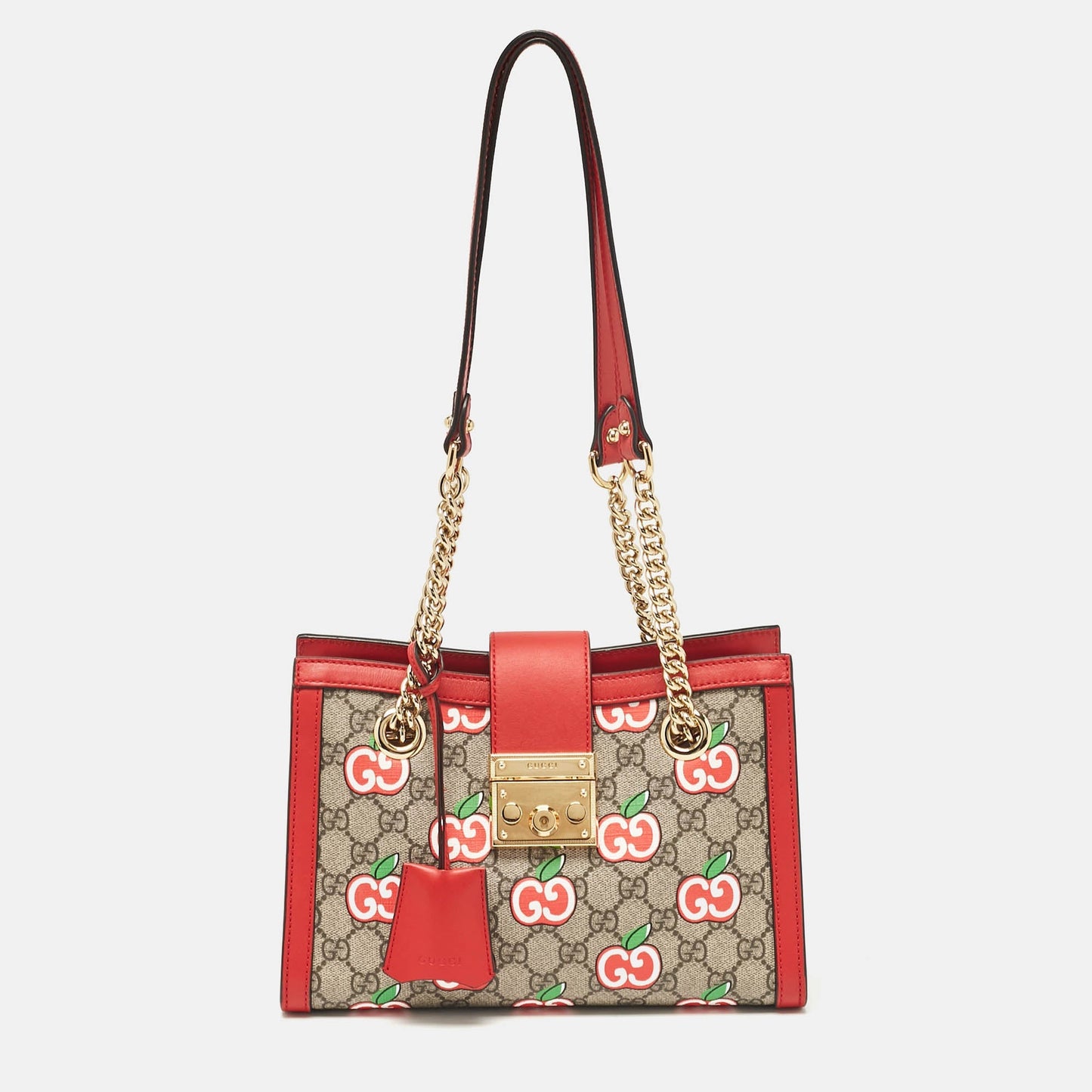 Luxury Gucci Trending 2025 Red/Beige GG Supreme Canvas Apple Print Small Padlock Shoulder Bag