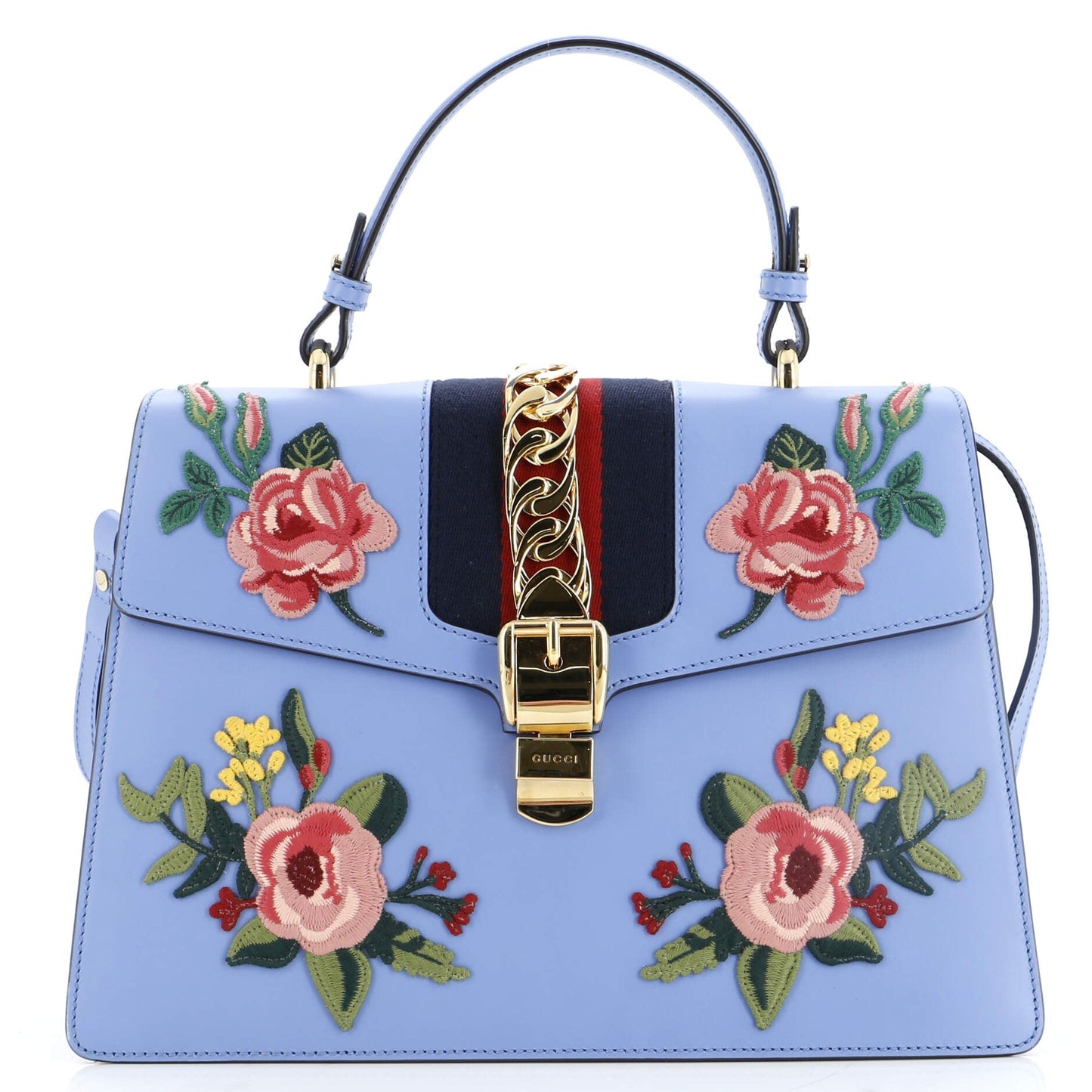 Luxury Gucci Trending 2025 Sylvie Top Handle Bag Embroidered Leather Medium