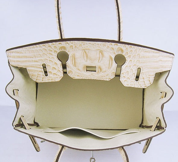 Luxury Hermes Birkin 30cm Crocodile Head Vein Handbags Beige Silver