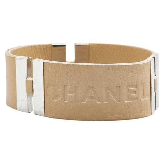 Chanel Logo Bangle Bracelet Beige Silver