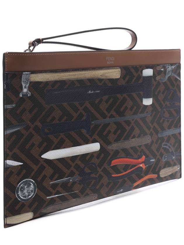 Luxury Fendi FF Logo Medium Flat Canvas Clutch Bag Brown