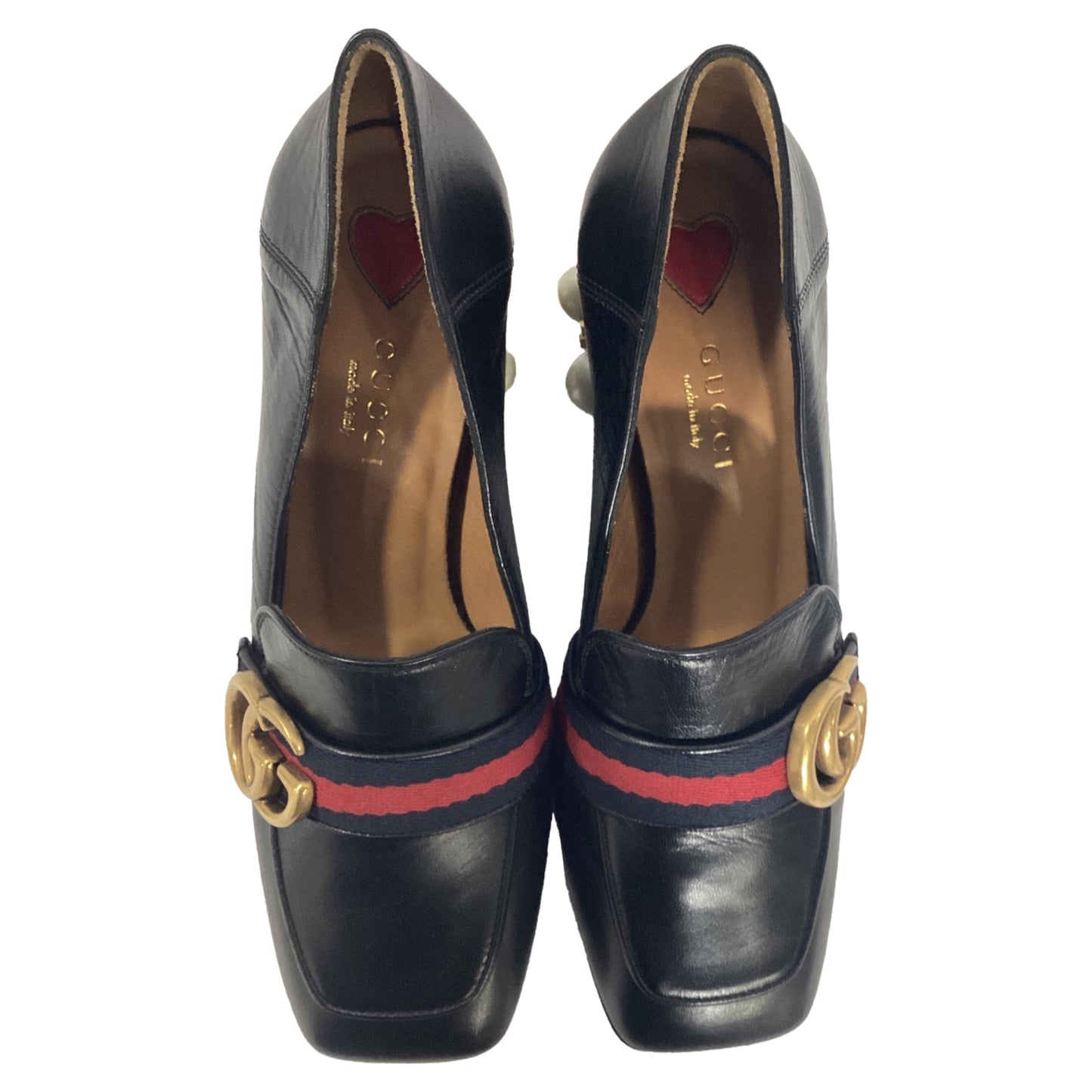 Gucci Faux Pearl Peyton GG Marmont Mid-Heel Loafers in Black Leather