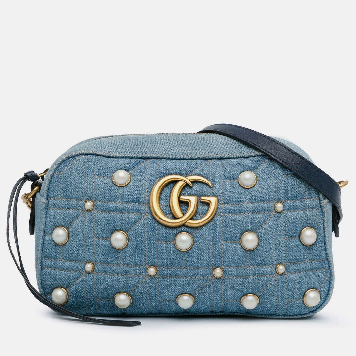 Luxury Gucci Trending 2025 Small GG Marmont Pearl Studded Denim Crossbody Bag