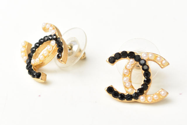 Chanel Earrings CC Mark Pearl Motif Rhinestone Black/Gold