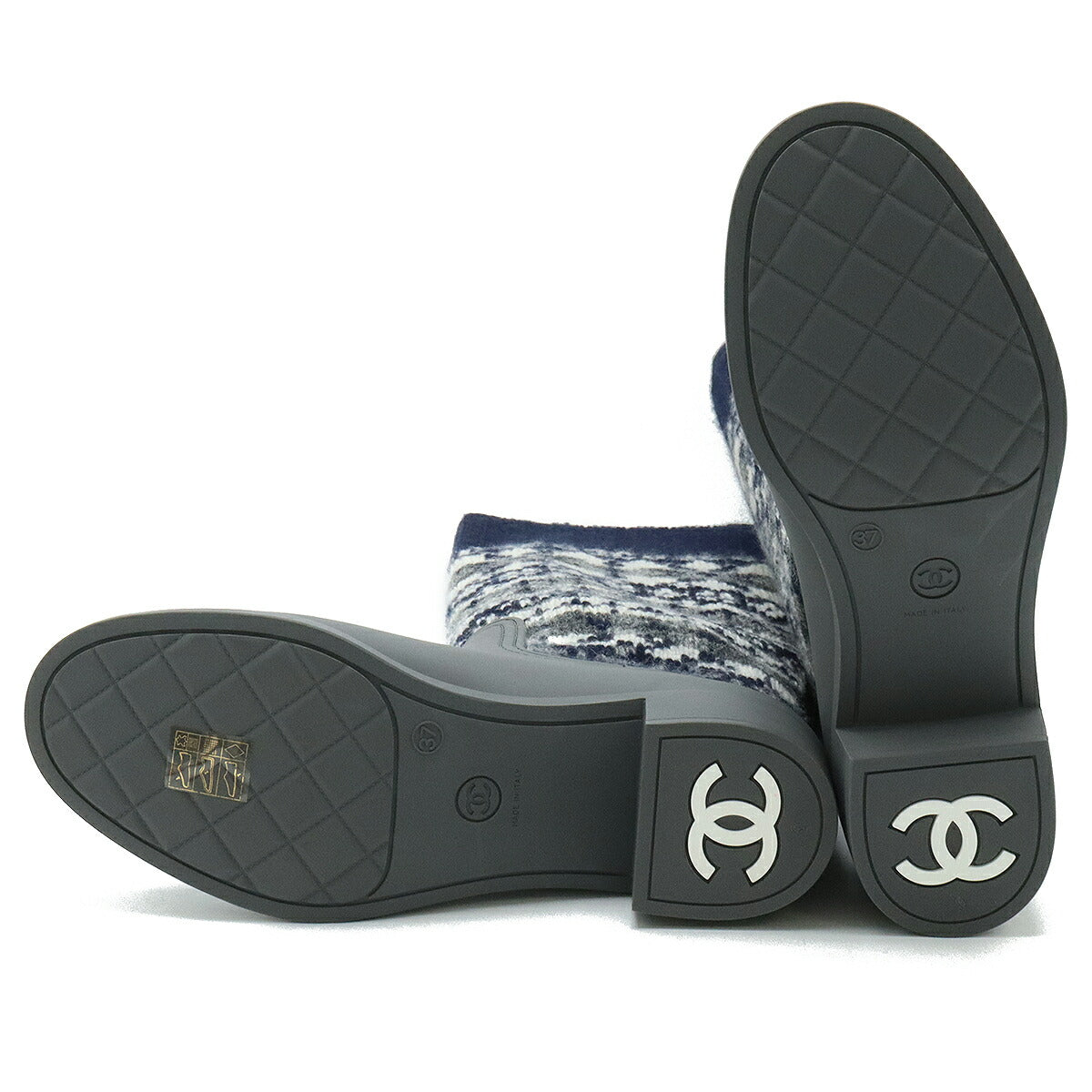 Chanel Wool Rubber Long Boots Navy Gray White