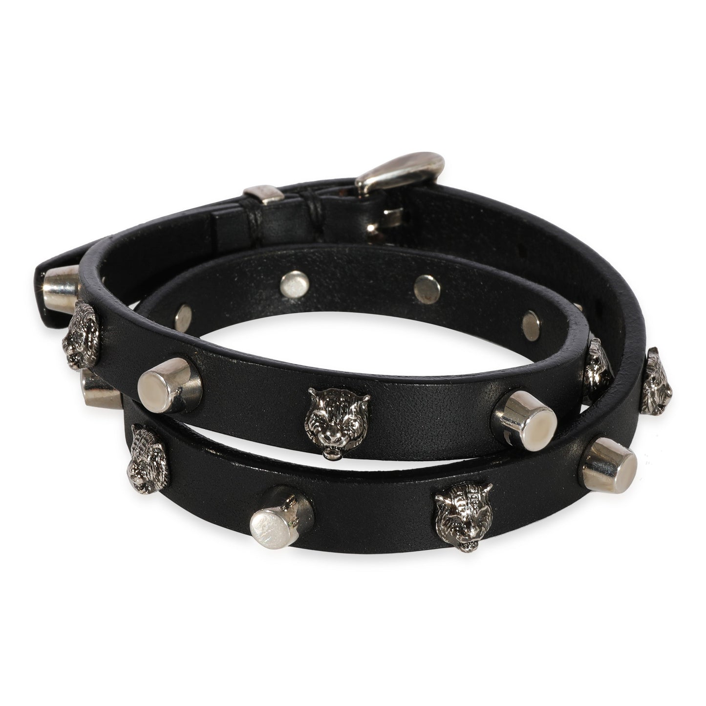 Luxury Gucci Trending 2025 Black Leather Double Wrap Bracelet with Feline Heads & Studs