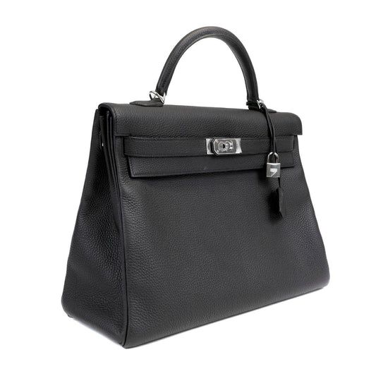 Luxury Hermes 40cm Black Togo Kelly w/ Palladium Hardware