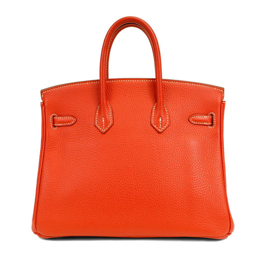 Luxury Hermes 25cm Rouge Tomate Togo Birkin w/ White Stitching & Palladium Hardware