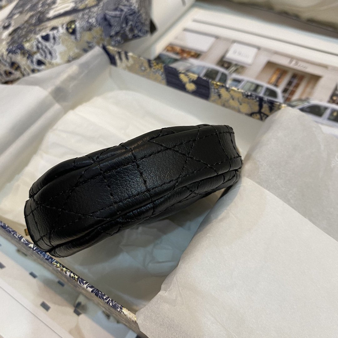 Luxury DiorDETACHABLE CARO ROUND COIN PURSE BLACK CANNAGE CALFSKIN