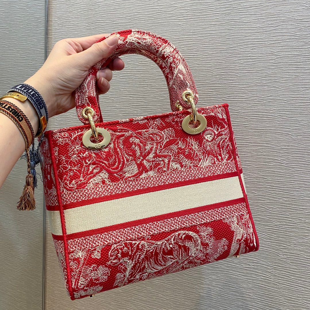 Luxury DiorMEDIUM LADY D-LITE 24 RED MULTI COLOR EMBROIDERY