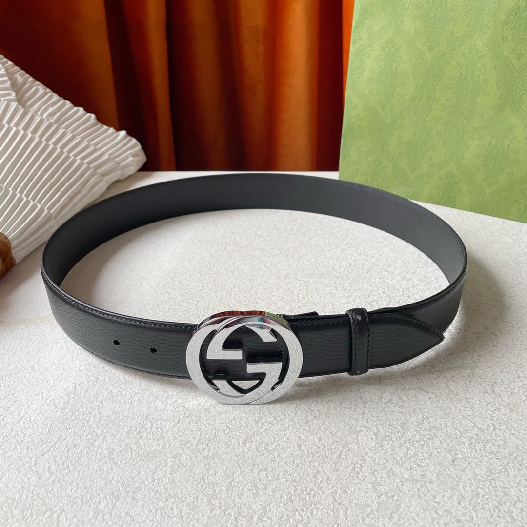 Luxury Gucci GG BELT INTERLOCKING G BUCKLE BLACK LEATHER