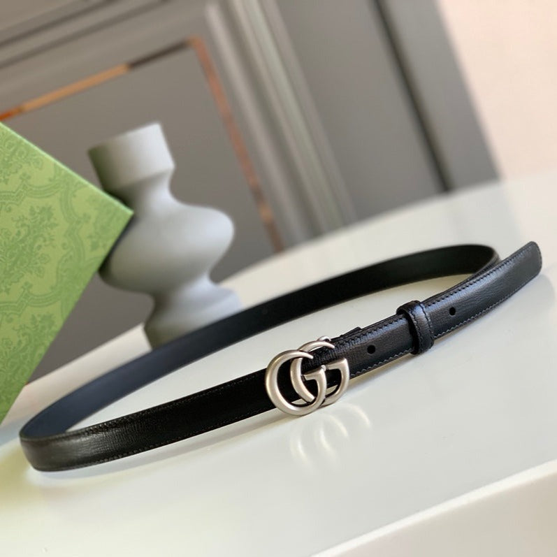 Luxury Gucci GG MARMONT THIN BELT DOUBLE G BUCKLE BLACK LEATHER