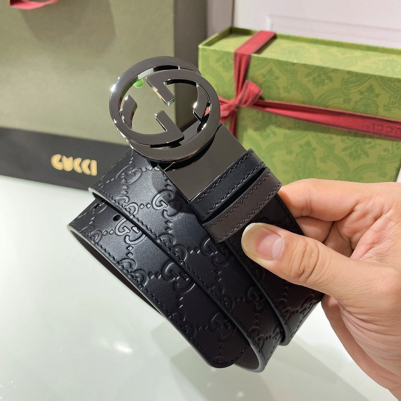 Luxury Gucci INTERLOCKING G GREY BUCKLE 37MM BLACK BROWN LEATHER