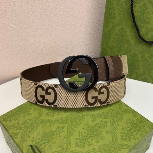 Luxury Gucci INTERLOCKING G BLACK GREY BUCKLE 40MM BEIGE CANVAS