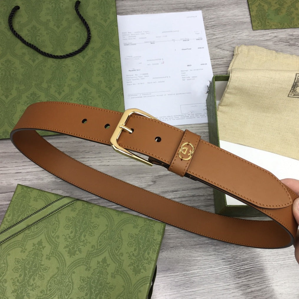Luxury Gucci G BELT GOLD SQUARE INSTALL BUCKLE BROWN LEATHER 3.5CM