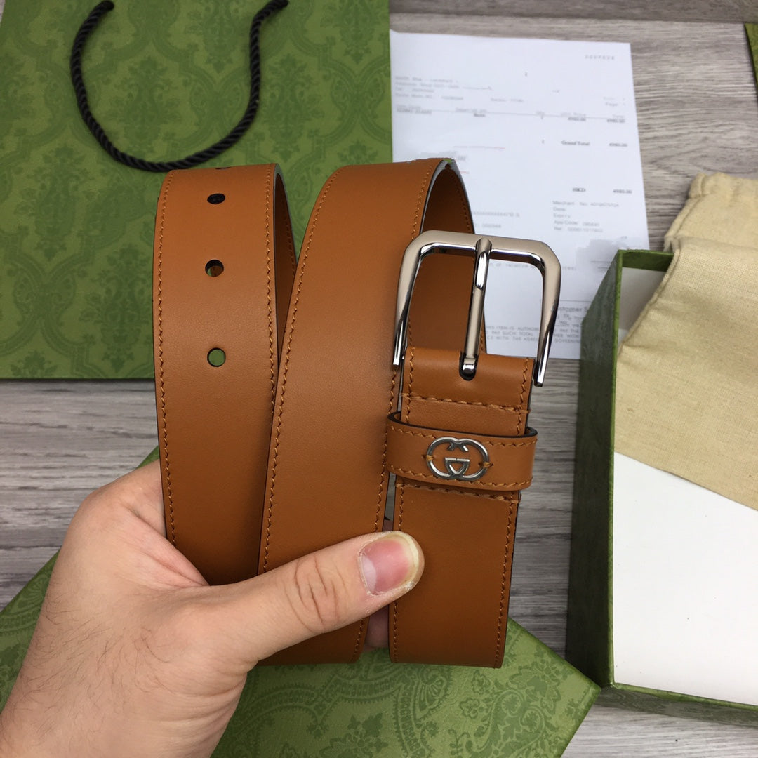 Luxury Gucci G BELT SILVER SQUARE INSTALL BUCKLE BROWN LEATHER 3.5CM