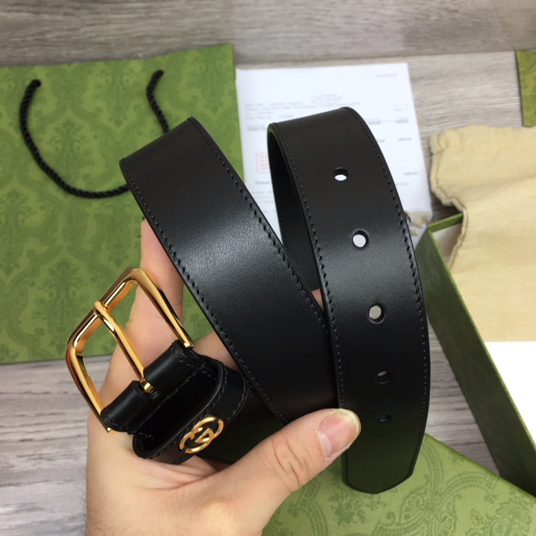 Luxury Gucci G BELT GOLD SQUARE INSTALL BUCKLE BLACK LEATHER 3.5CM