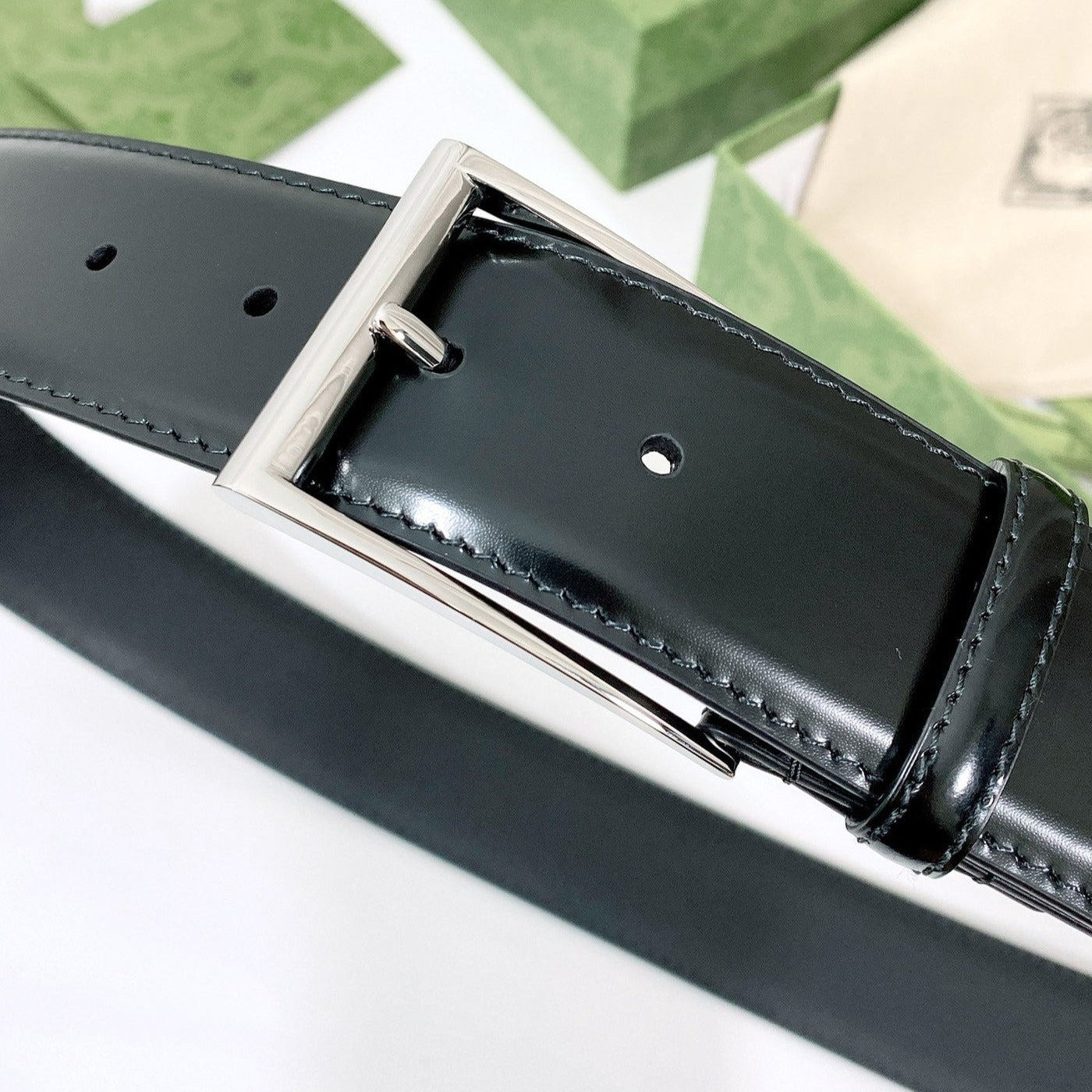 Luxury Gucci G BELT SILVER SQUARE INSTALL BUCKLE BLACK LEATHER 4.0CM