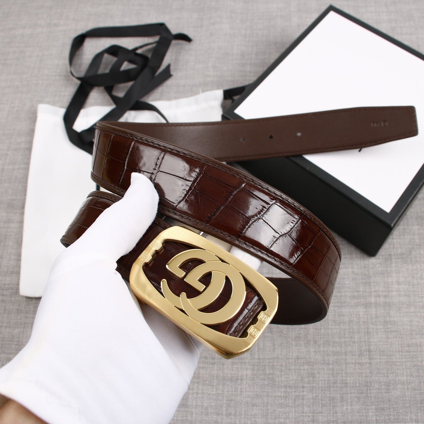 Luxury Gucci G BELT GOLD BUCKLE CROCODILE POLISHED BROWN 3.8CM