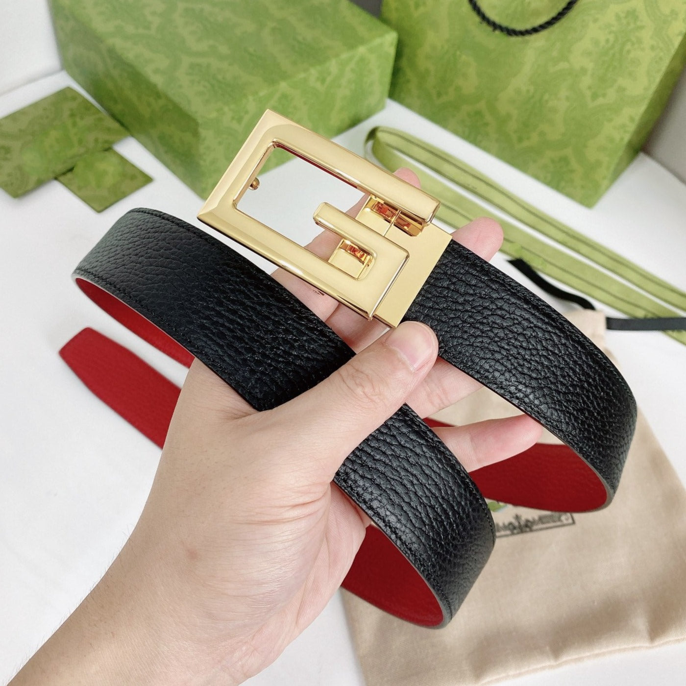 Luxury Gucci G BELT GOLD BUCKLE RED BLACK LEATHER 3.5CM