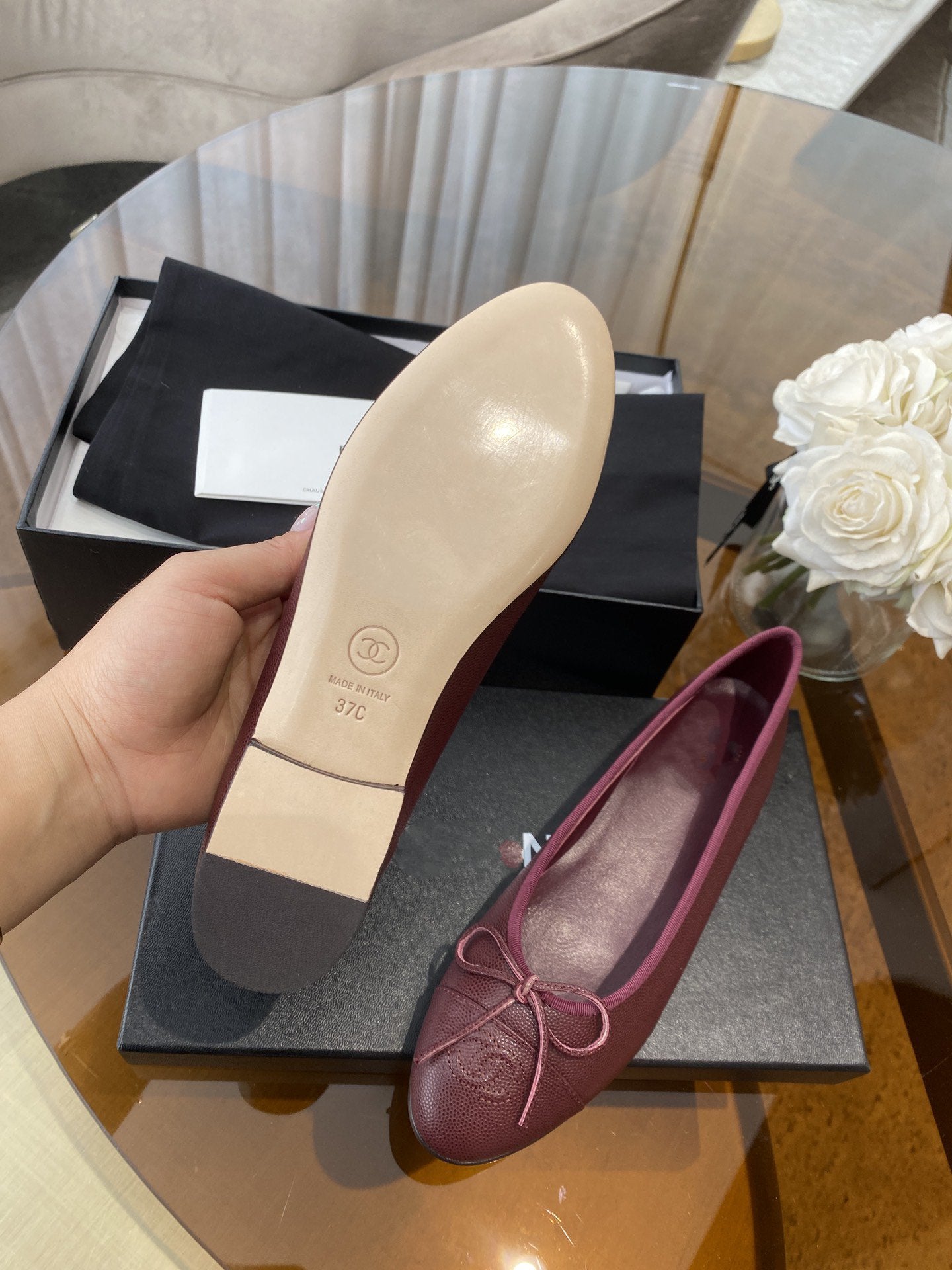 Luxury Chanel ballet flats burgundy grained calfskin