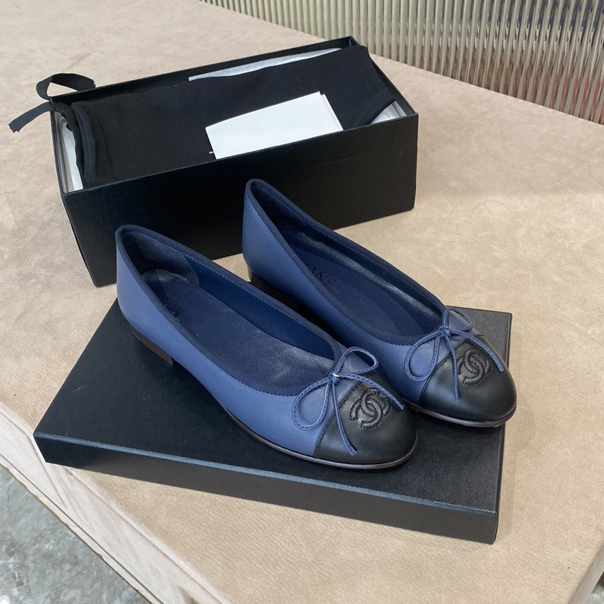 Luxury Chanel ballet flats dark blue black lambskin