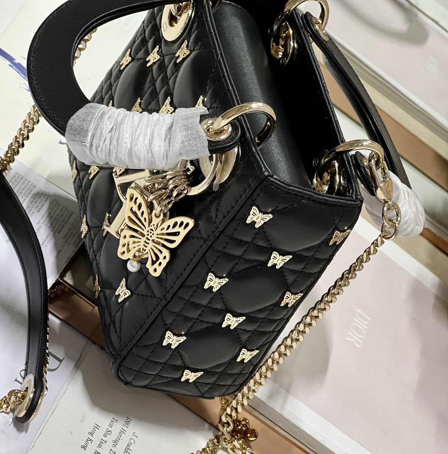 Luxury DiorMINI LADY 17 BUTTERFLY STUD BLACK LAMBSKIN
