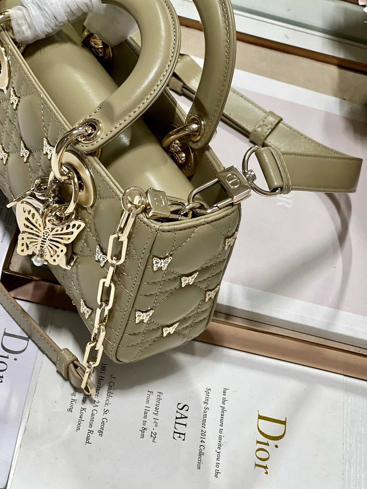 Luxury DiorSMALL LADY D-JOY 22 BUTTERFLY STUD OLIVE LAMBSKIN