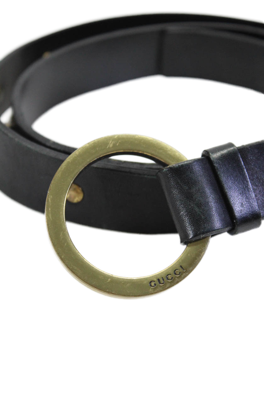 Gucci Womens Leather Gold Tone Studded Ring Belt Black