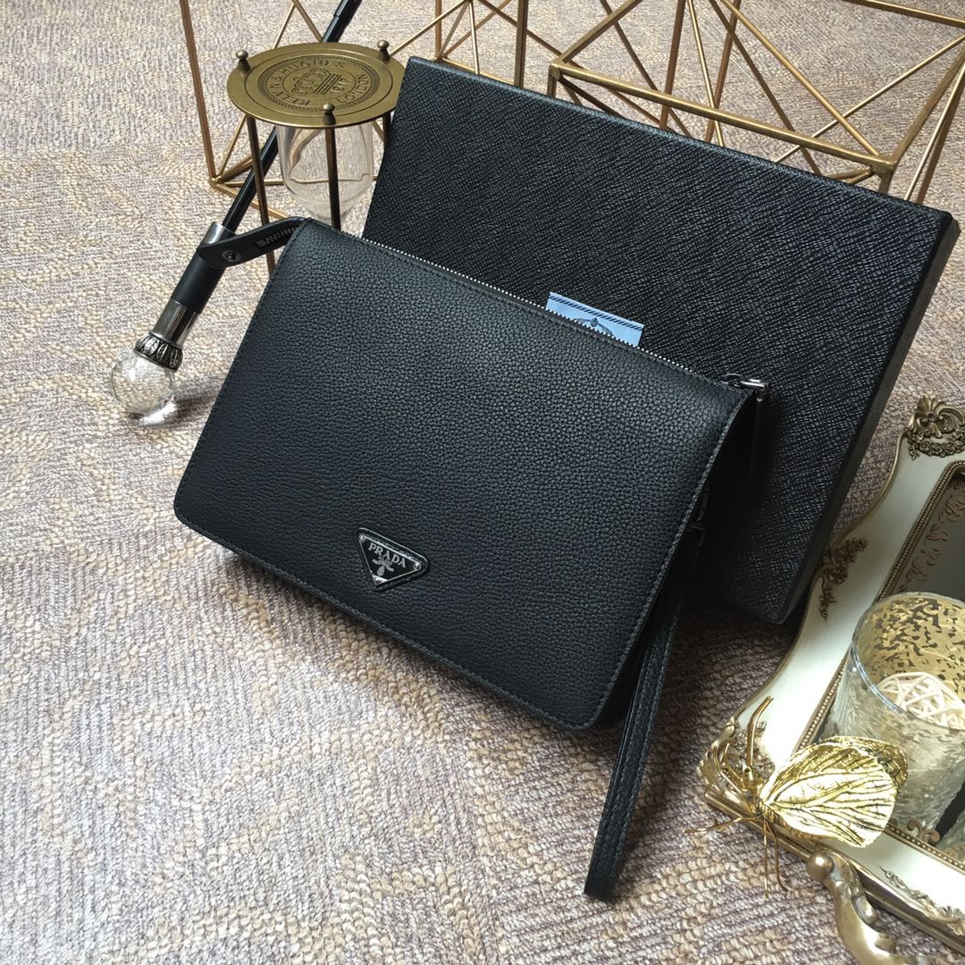 Luxury PradaCLUTCH 26 IN BLACK DEERSKIN EMBOSSED LOGO