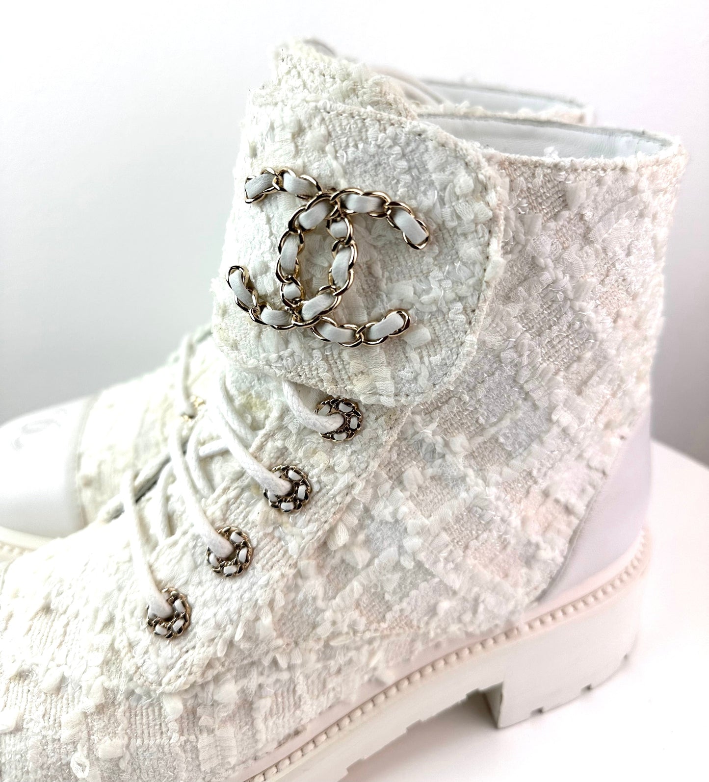 Chanel Women Lace Up Boots White Tweed