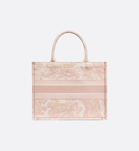 Medium Luxury Dior Book Tote Ecru and Pink Toile de Jouy Embroidery