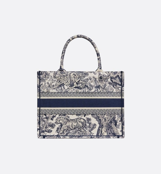 Medium Luxury Dior Book Tote Ecru and Blue Toile de Jouy Embroidery