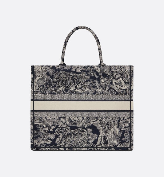 Large Luxury Dior Book Tote Blue and Ecru Toile de Jouy Reverse Embroidery