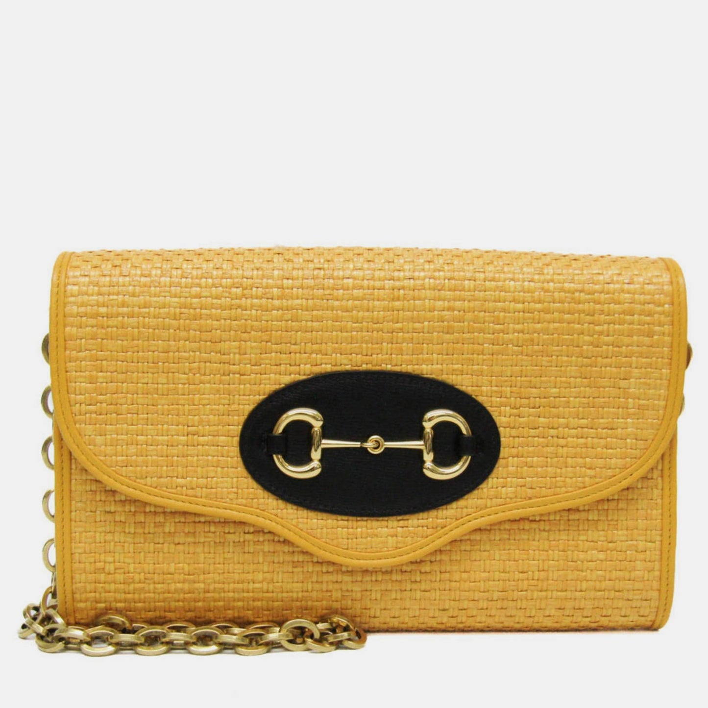 Luxury Gucci Trending 2025 Yellow Raffia Small Horsebit 1955 Curved Flap Shoulder Bag