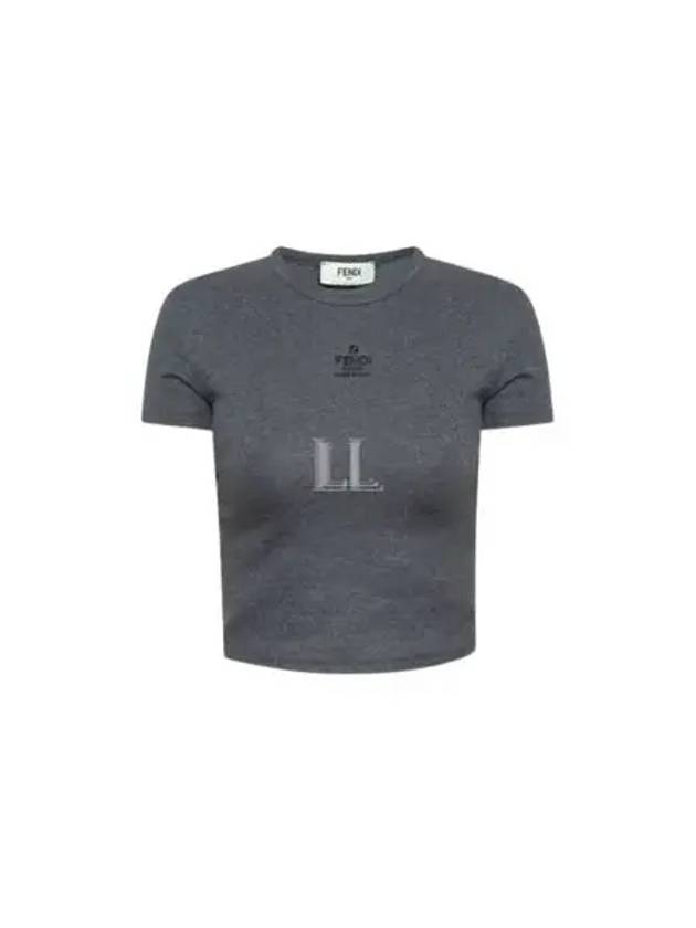 Luxury Fendi Embroidered Logo Crop Cotton Short Sleeve T-Shirt Grey