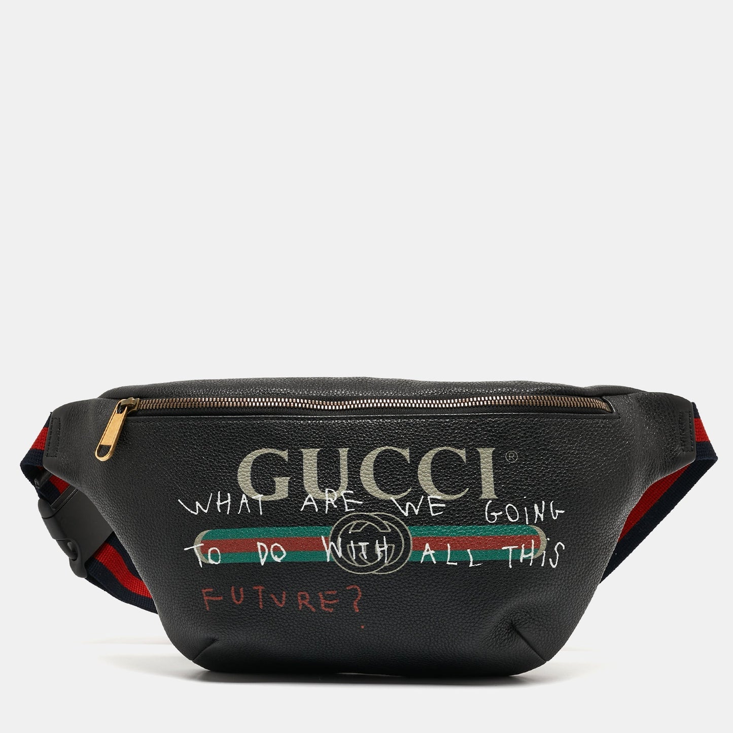 Luxury Gucci Trending 2025 Black Pebbled Leather Logo Web Belt Bag